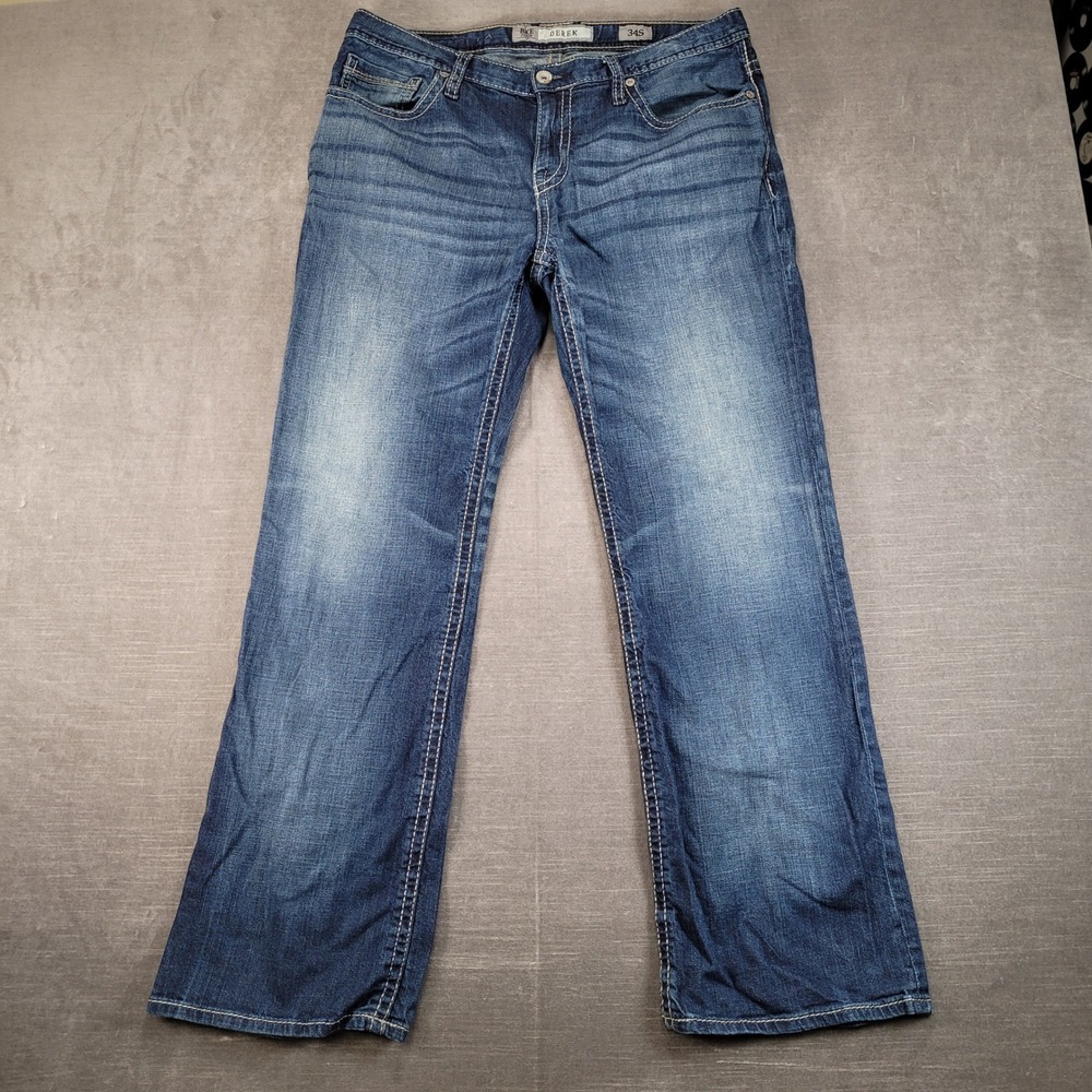 BKE Derek Jeans Mens 34S Blue Relaxed Bootcut Heavy Contrast Stitch Stretch